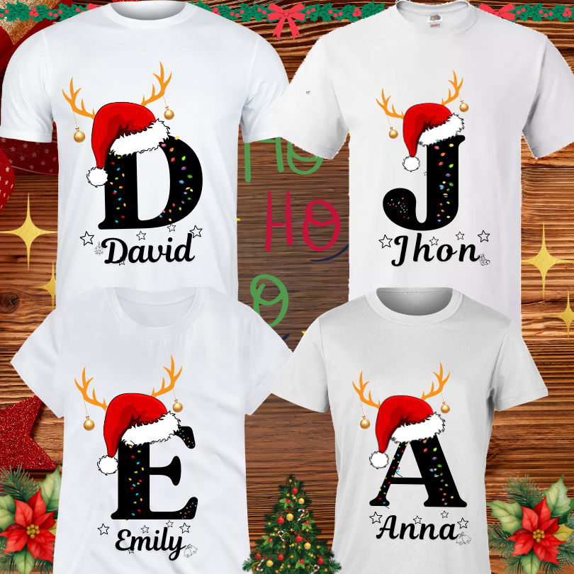 Christmas Santa Hat Deer Name Custom Shirts, Personalized Family Matching Shirt