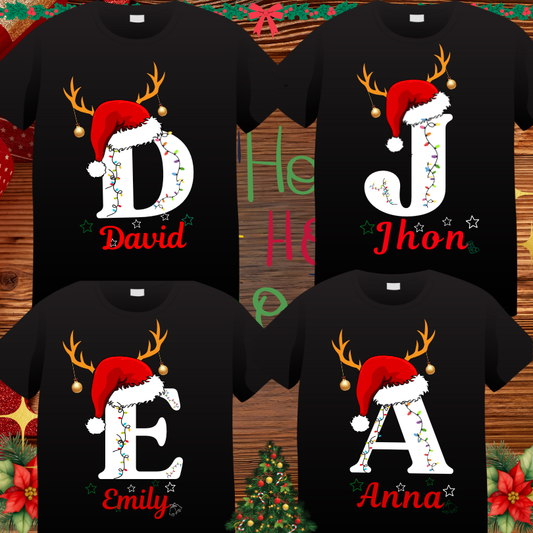 Christmas Santa Hat Deer Name Custom Shirts, Personalized Family Matching Shirt