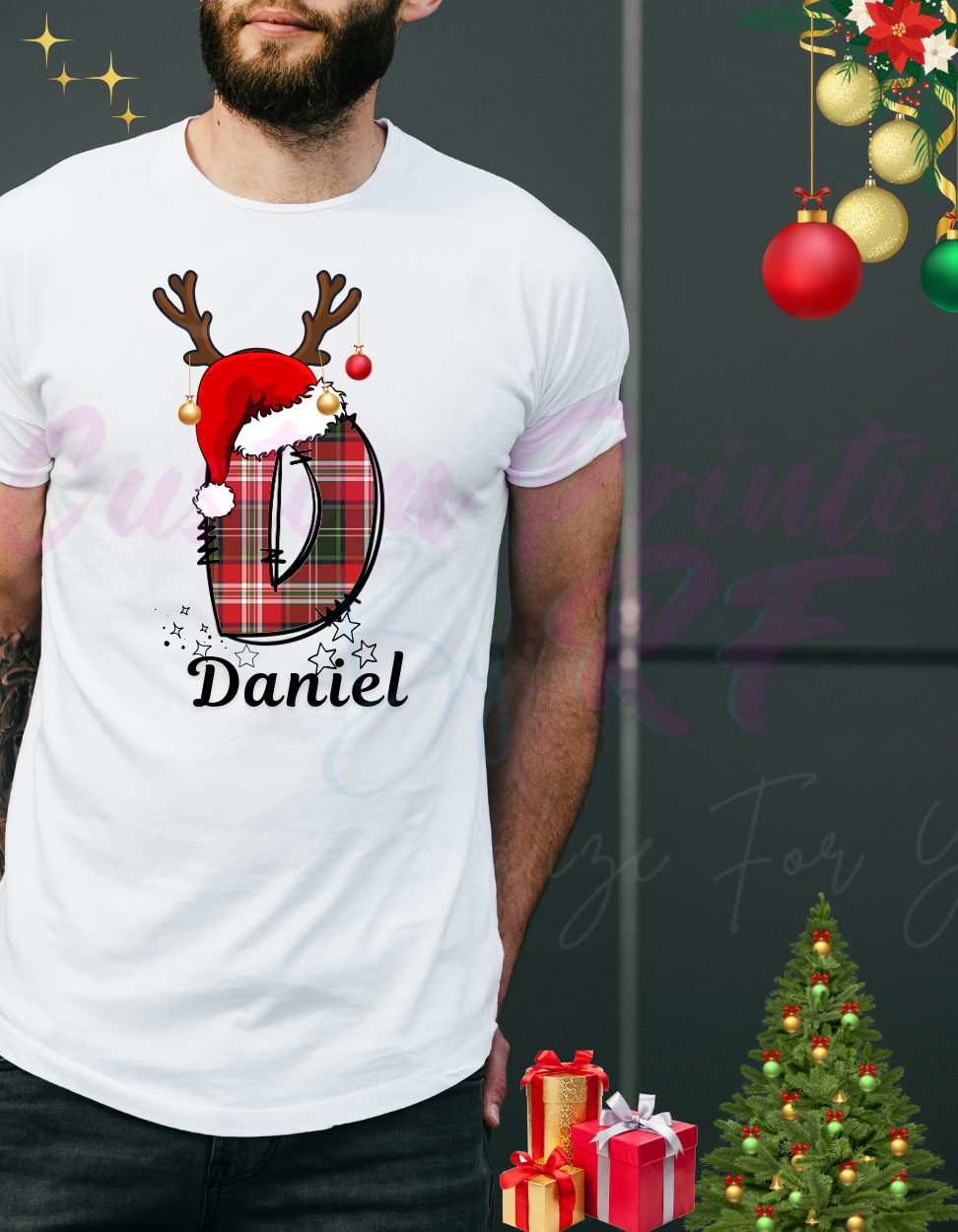 Christmas Family Santa Hat Deer Name Custom Shirts, Personalized Family Matching Shirt