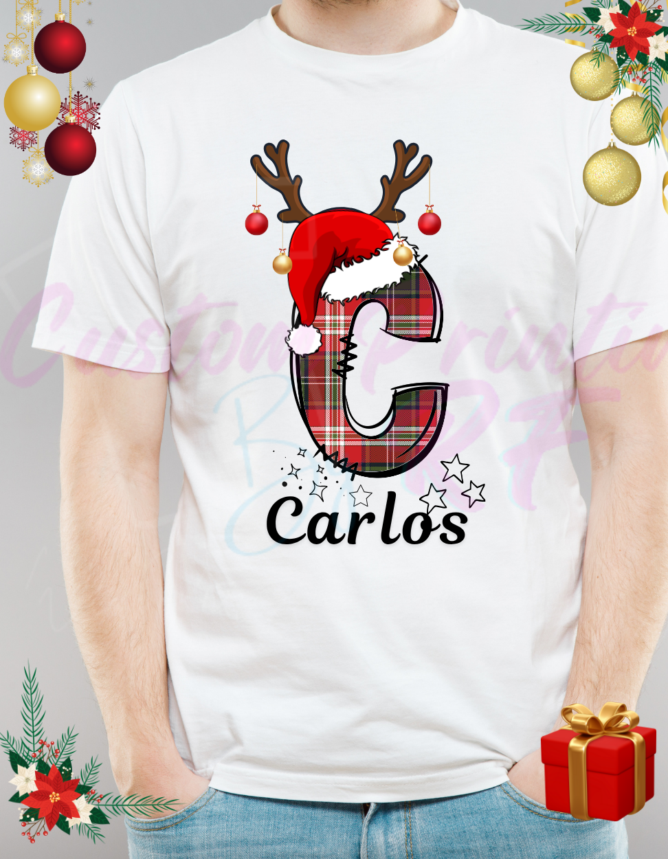 Christmas Family Santa Hat Deer Name Custom Shirts, Personalized Family Matching Shirt