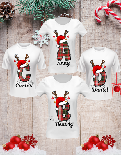 Christmas Family Santa Hat Deer Name Custom Shirts, Personalized Family Matching Shirt