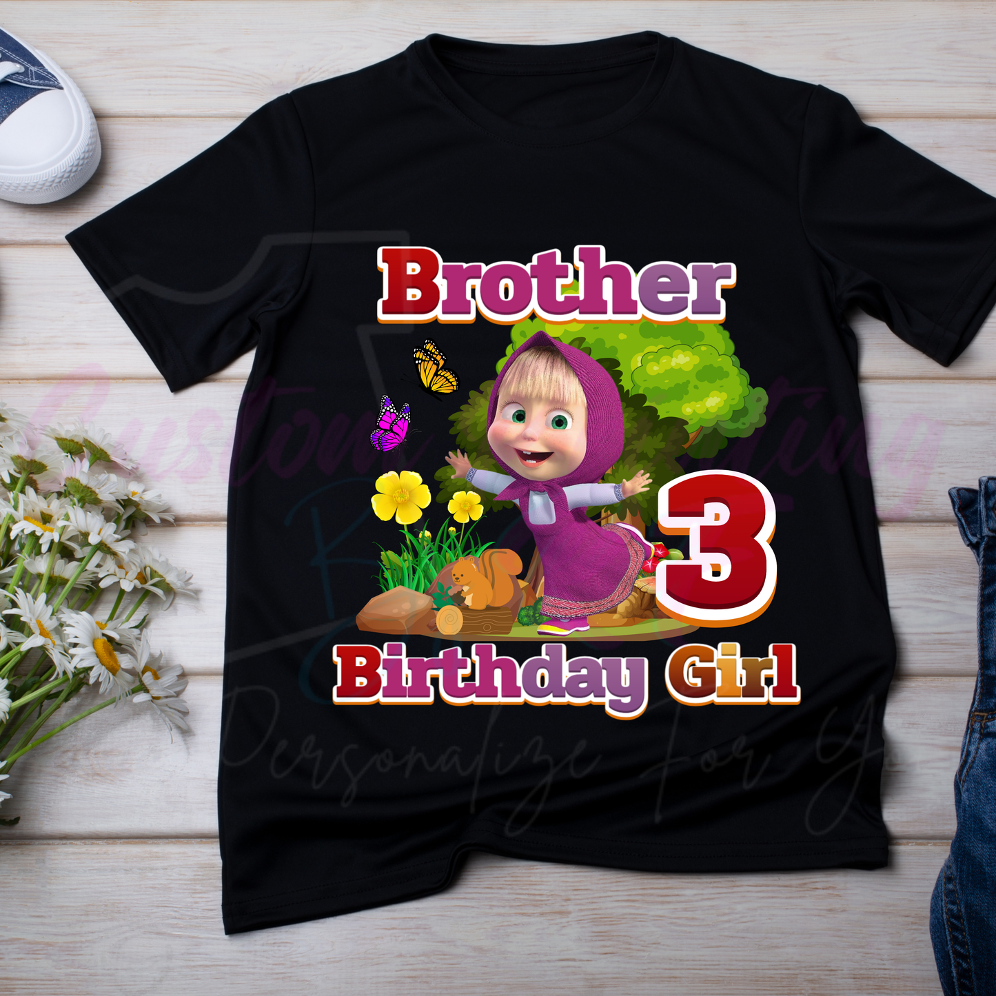 Masha and The Bear GirlCustom Birthday Shirt, Family Matching Personalized Birthday Tee